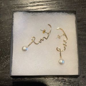 14k gold abstract art pearl drop earring